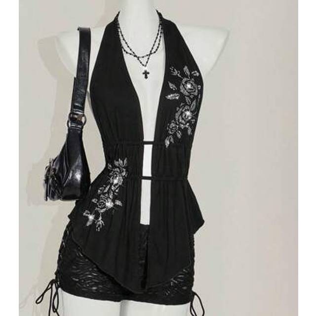 SHEIN Y2k Summer Boho Country Concert Glitter Club Going Out Rhinestone Embellished Halter Neck Backless Tank Black Top, Solid Color, Fashionable For Summer