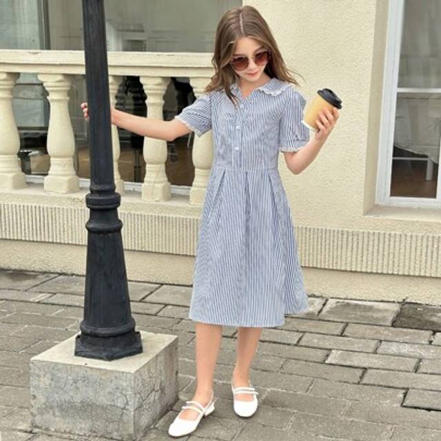 SHEIN Plus Size Girls Striped Print Short Sleeve Dress