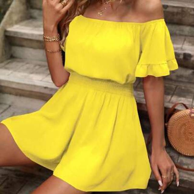 SHEIN Women&#39;s Solid Color Off Shoulder Short Sleeve Drawstring Waist Jumpsuit, Perfect For Vacation