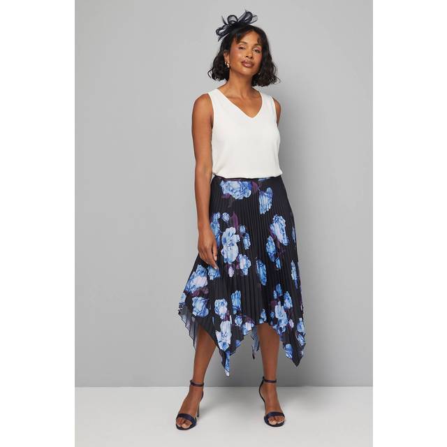 Womens Floral Pleated Midi Skirt - Black - 14