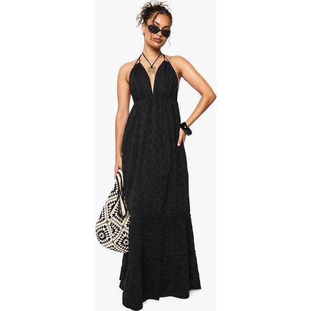 Womens Broderie Anglaise Halter Neck Maxi Dress - Black - 14, Black