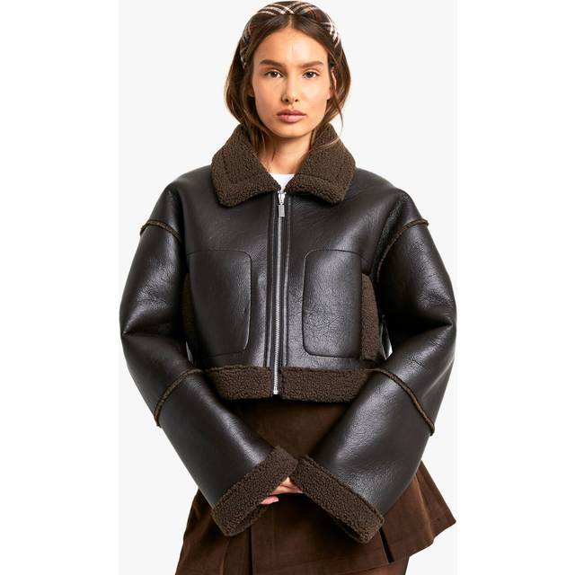 Womens Teddy Trim Faux Leather Jacket - Brown - 14, Brown