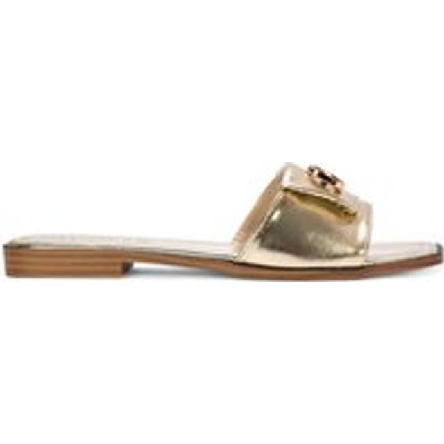 'Leigh' Open Toe Foldover Buckle Slip On Flat Slider Mules - Metallic Gold - 3
