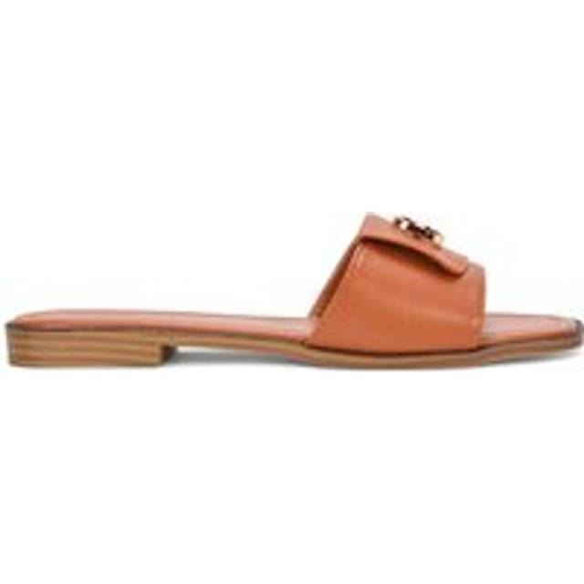 'Leigh' Open Toe Foldover Buckle Slip On Flat Slider Mules - Tan - 4
