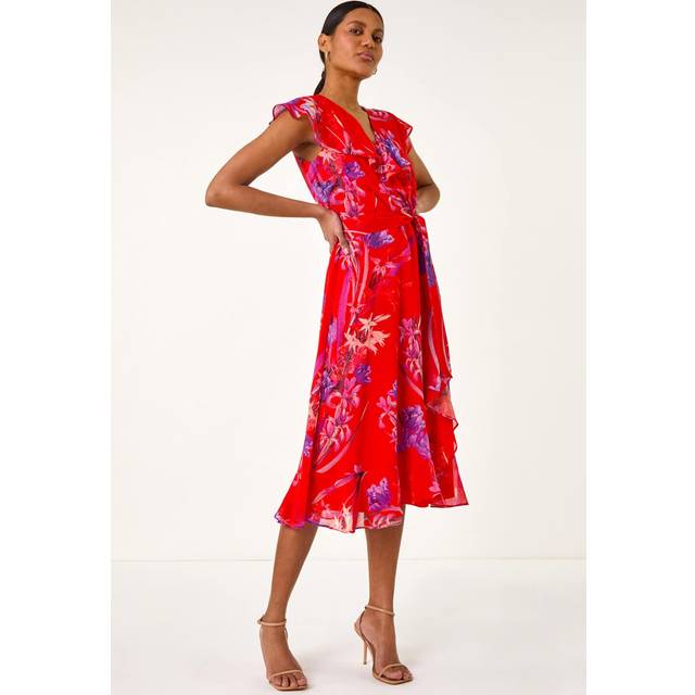 Floral Print Ruffle Wrap Front Midi Dress - Red - 12