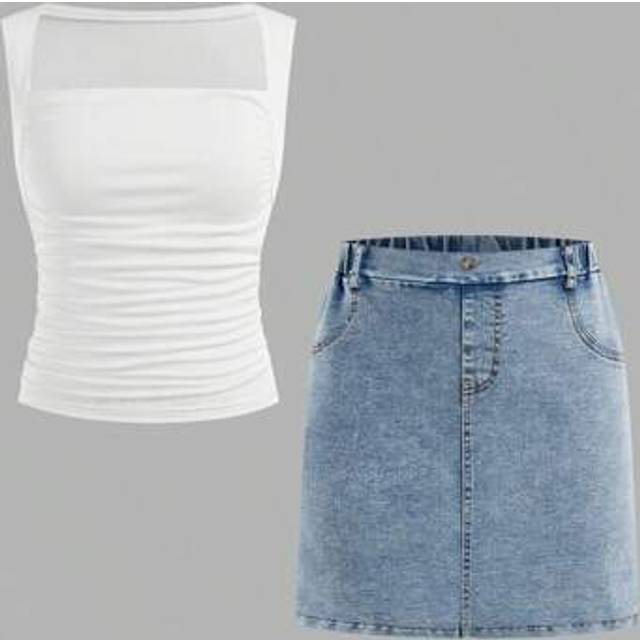 SHEIN Teen Girls Denim Mini Skirt Set With 3D Bow Decor Fitted Knit Crop Top, Cute Girl Casual Outfit Suitable For Dancing, Outing And KPOP Style