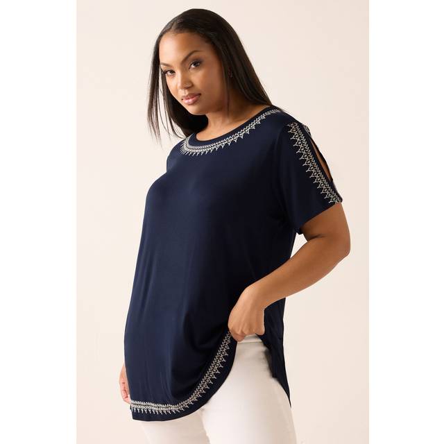 Yours Curve Navy Blue Embroidered Tshirt, Women's Curve & Plus Size, Yours - 20