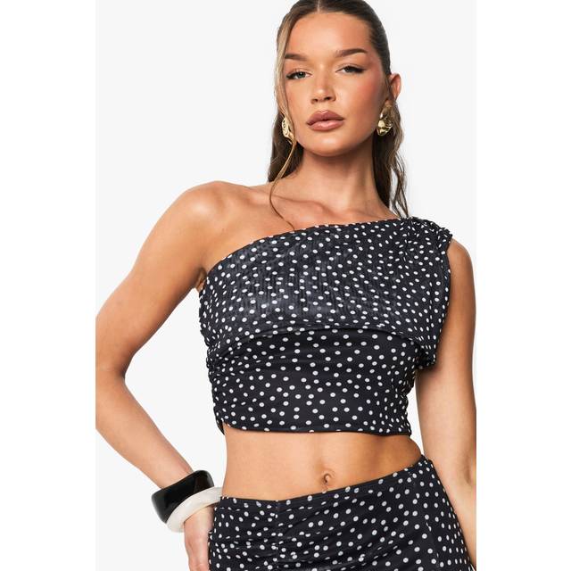 Womens Polka Dot Mesh Off Shoulder Top - Black - 16, Black