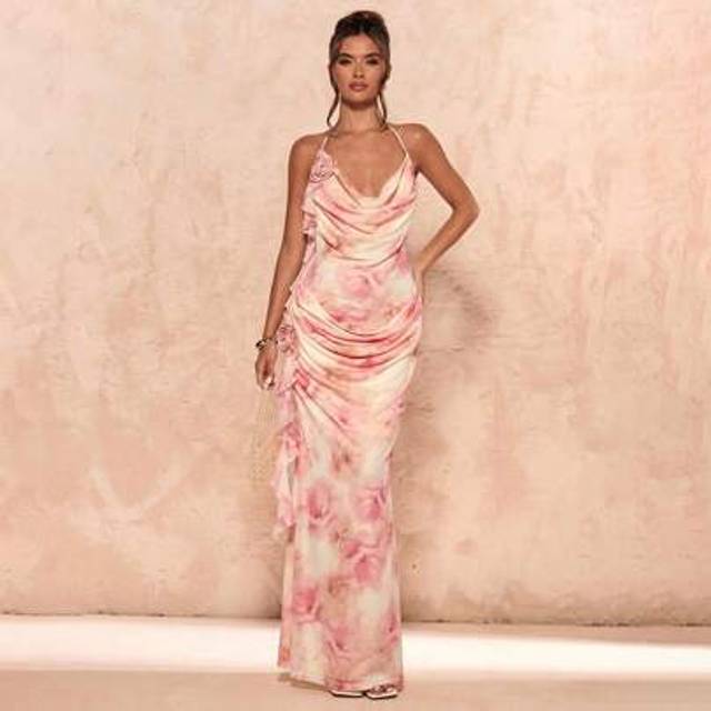 SHEIN Spring And Summer Pink Floral Print Backless Straps Three-Dimensional Flower Ruffle Fishtail Hem Maxi Dress Elegant Dress,Vestidos Elegantes De Mujer,