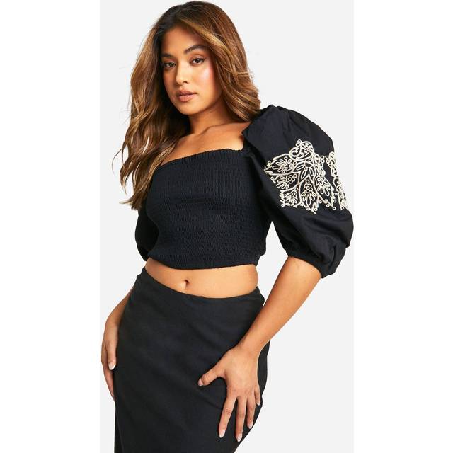 Womens Petite Embroidery Puff Sleeve Crop Top - Black - 8, Black