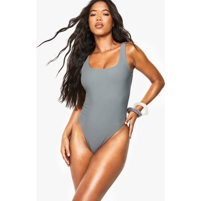 Womens Petite Swimwear Essentials Square Neck Swimsuit - Grey - 10, Grey