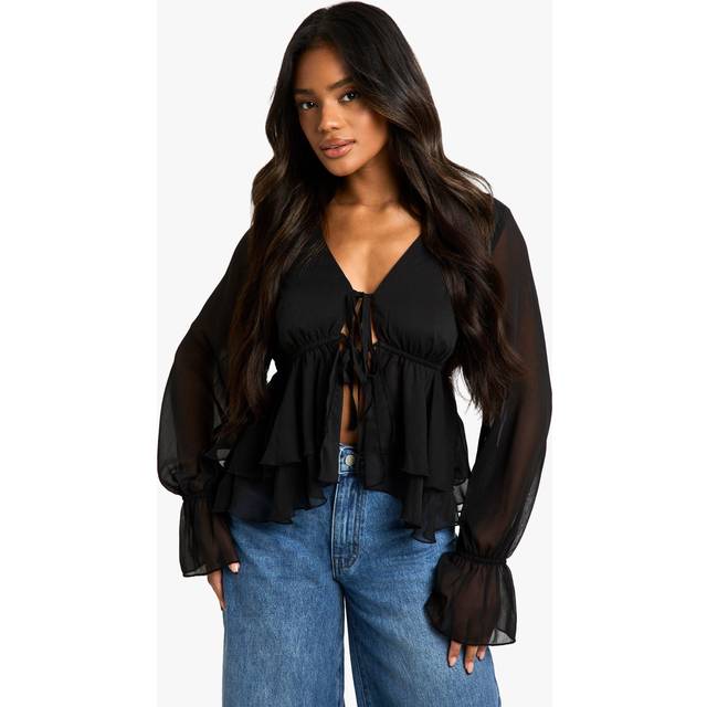 Womens Ruffle flare sleeve blouse - Black - 16