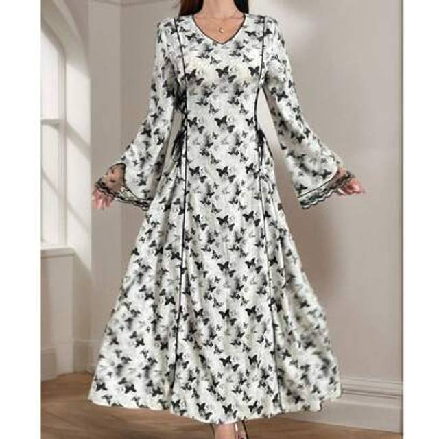 SHEIN Women&#39;s V-Neck Floral Print Full Body Tie-Up Long Sleeve Dress, Casual Resort Kaftan Style