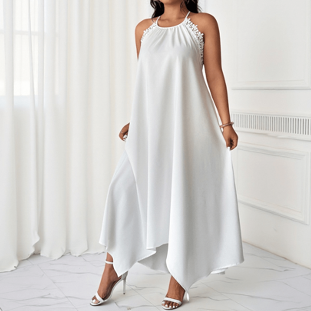 SHEIN Plus Size Casual Loose White Ruched Maxi Asymmetrical Hem Sleeveless Dress