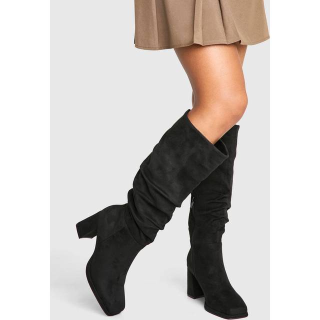 Womens Wide Fit Block Heel Ruched Knee High Boot - Black - 3, Black