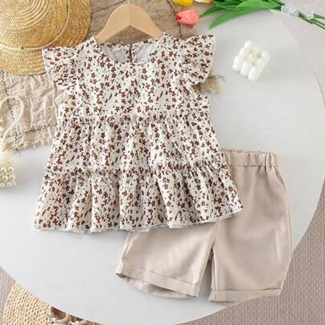 SHEIN 2pcs Set Young Girl Casual Floral Print Ruffle Hem Sleeveless Top And Solid Color Shorts Set, Suitable For Summer Outdoor, Daily, Vacation