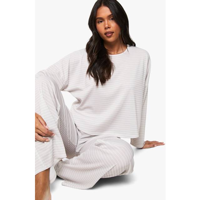 Womens Loungewear Stripe Long Sleeve Top & Trousers Pyjama Set - Beige - 10