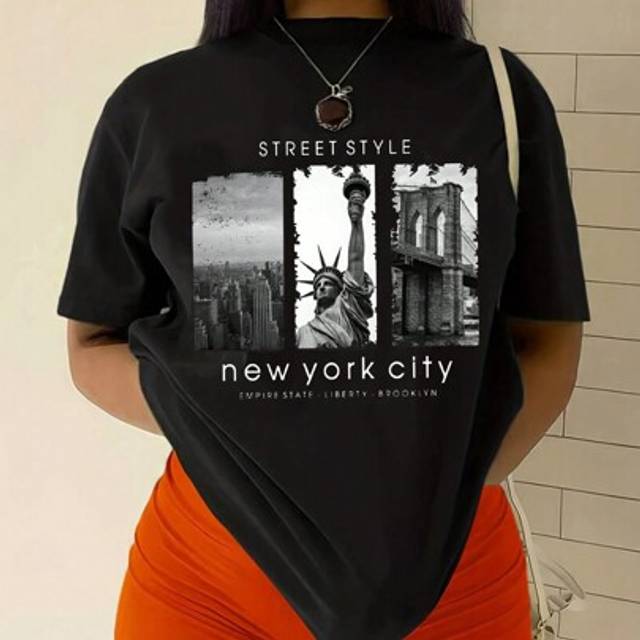 SHEIN Pattern Printed Short-Sleeved T-Shirt STREET STYLE New York City EMPIRE STATE LIBERTY BROOKLYN Graphic Tees Women Tops