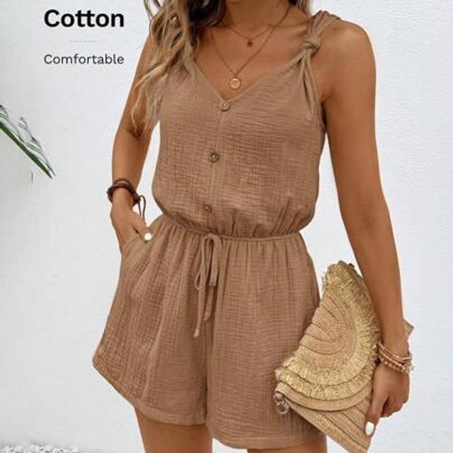 SHEIN Women Texture Button Decor Elastic Waistband Summer Simple Casual Jumpsuit Shorts Women Rompers Shorts Women Linen Jumpsuit Comfy Jumpsuit