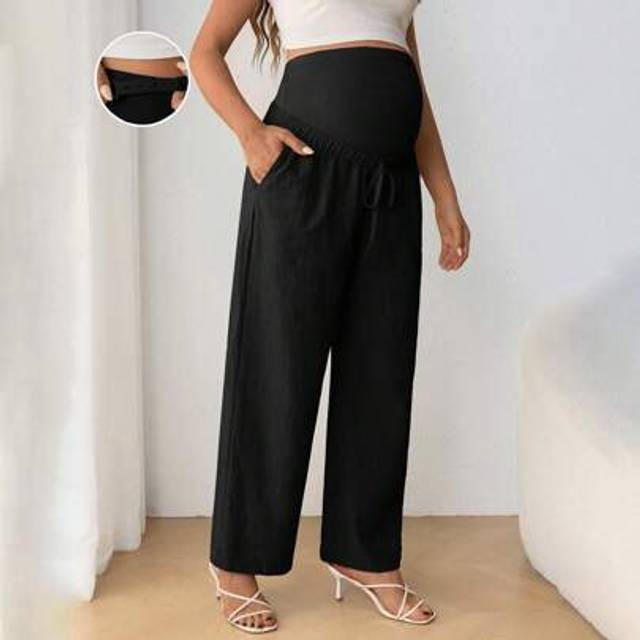 SHEIN Maternity Casual Adjustable Waist Drawstring Bowknot Belly Support Straight Leg High Waist Pants