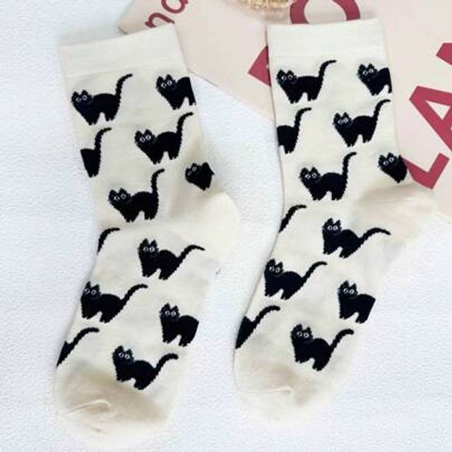 SHEIN Cute Cat Print White Mid-Calf Socks For Women, Summer