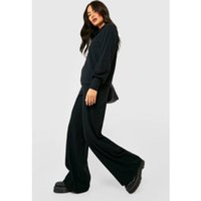 Womens Ribbed Wide Leg Trousers - Black - 8, Black
