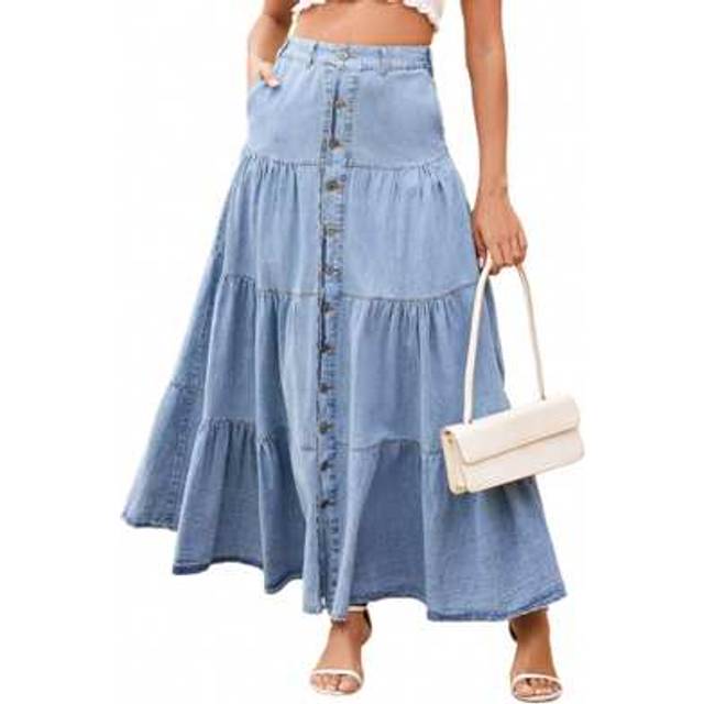 SHEIN Womens Long Denim Skirts Casual High Waist Tiered Jean Skirts Spring Fall Midi Skirts