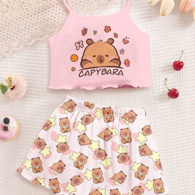 SHEIN Cute Cartoon Capybara Pattern, Creamy Pink, Tween Girl Casual Minimalist Fitted Cami Tank Top & Shorts Lounge Set, Suitable For Summer