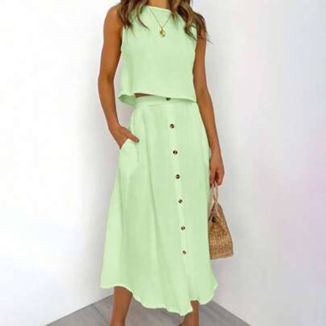 SHEIN Women 2pcs/Set: Sleeveless Solid Blouse + Casual Loose Front Button Up A-Line Skirt, Summer Outfit For Women