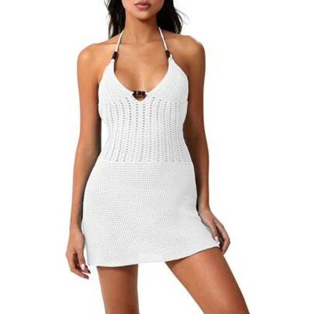 SHEIN Women Summer Beach Backless Halter Mini Dress Casual Knit Crochet Cutout Bodycon Party Dress Streetwear