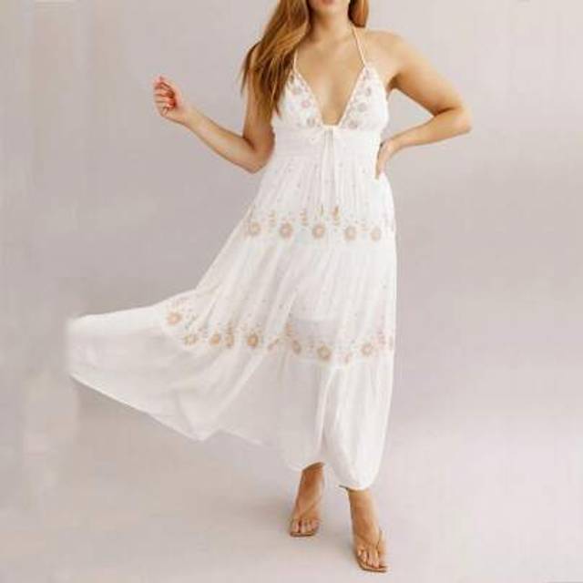SHEIN Women Summer Casual Long Dress Flower Embroidery Tie-Up Halter Neck Sleeveless Dress Fashion Backless A-Line Flowy Vacation Beach Dress