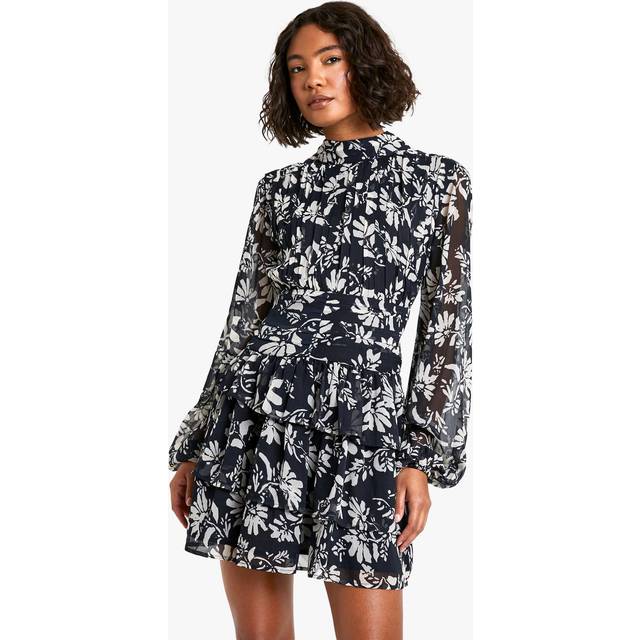 Womens Tall Mono Floral High Neck Skater Dress - Black & White - 6
