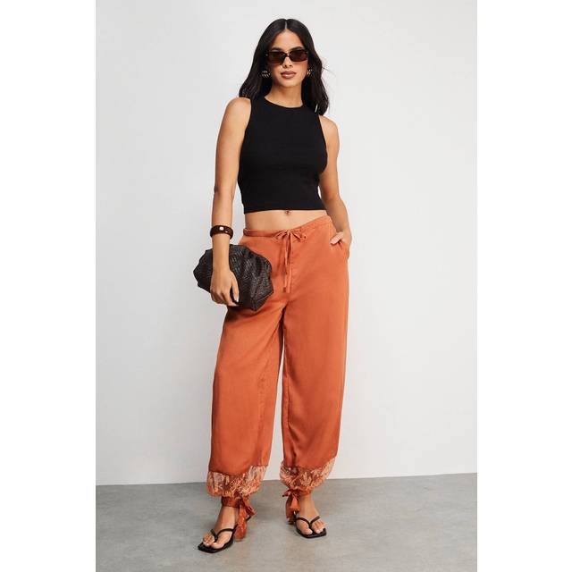 Womens Lace Insert Chiffon Cuffed Trousers - Brown - 16