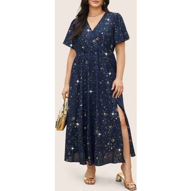 SHEIN Plus Size Ladies Star Print Elegant Formal Cocktail Evening Party Wedding Guest Dress Women Glitter Shiny Blingbling V Neck Midi Split Dresses Gown