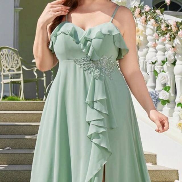SHEIN Kexmon Plus Size Women V-Neck Green Chiffon Ruffle Asymmetric Patchwork Faux Pearl Embroidered Bridesmaid Dress, Formal Dress, Prom Dress, Elegant Wed