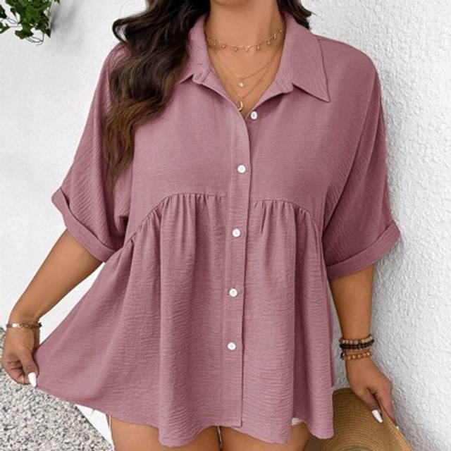 SHEIN Women Plus Size Front Open Design Textured Fabric Comfortable Casual Short Sleeve Blouse, Suitable For Spring/Summer Women Spring Tops Summer Women To
