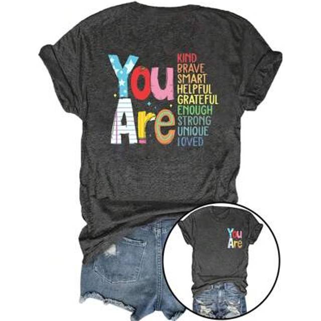 SHEIN Plus Size Women Slogan Print Round Neck Short Sleeve Casual T-Shirt