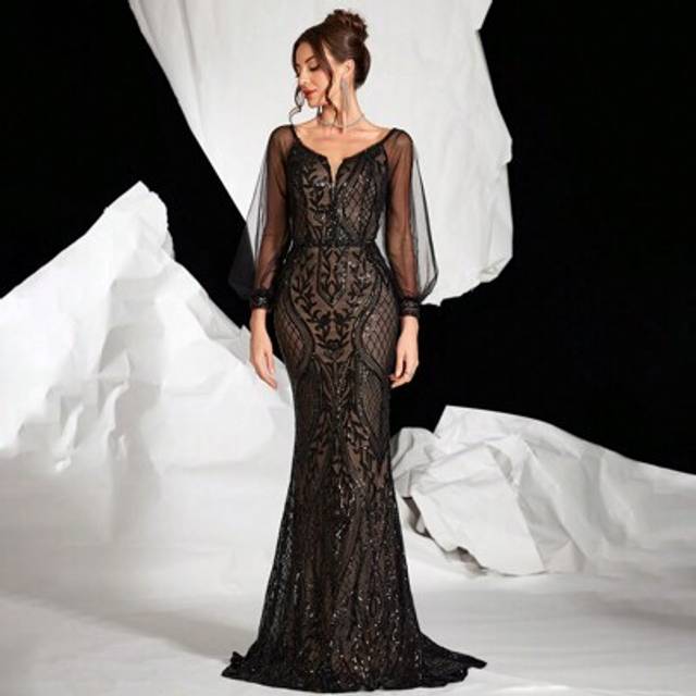 SHEIN Backless Sparkly Mesh Long Sleeve Formal Evening Gown With Train, Party Dress, Wedding Guest Dress, Evening Dress