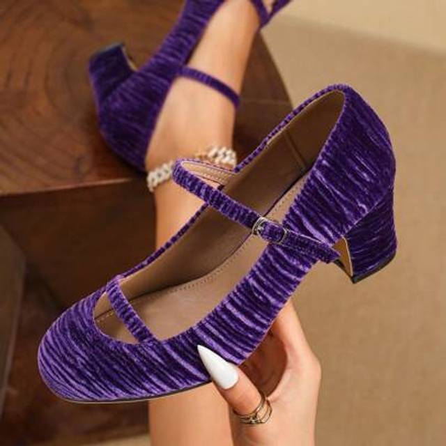 SHEIN Mary Jane Shoes - Elegant Fashion Round Toe Chunky Heel Low Vamp Bow Decor Suede High Heels, Hook And Loop Closure For Easy Wearing, Suitable For Part