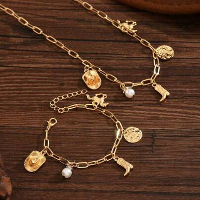 SHEIN 2pcs/Set Western Cowboy Style Hat, Boots Pendant Necklace And Bracelet, Vintage Asymmetrical Pearl Chain Jewelry Set, Perfect For Music Festivals
