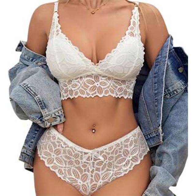 SHEIN Women&#39;s Lace Lingerie Set V Neck Bra With Low Rise Thong Transparent Mesh Babydoll Set