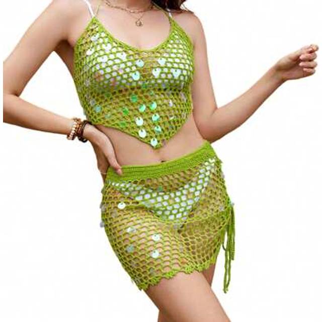 SHEIN Women&#39;s Sequin Bikini Set Fashionable Hollow Out Halter Neck Spaghetti Strap Tie Swimsuits Summer Knitted Two Piece Bathing Suit