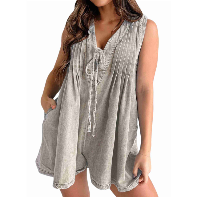 Women'S Sleeveless V Neck Shorts Denim Romper Tie Front Ruffle Jean Short Overall with Pocket Light Gray L