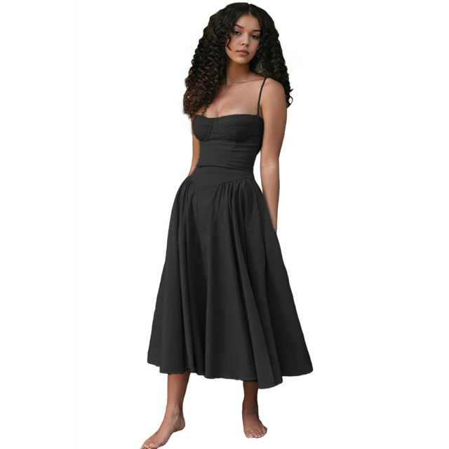 Women'S 2025 Summer Dress Spaghetti Strap Boho Fit Slim Beach Sundress Black L