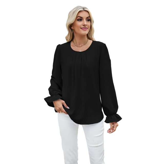 Women'S Puff Long Sleeve Blouse Dressy Casual Crew Neck Chiffon Loose Fit Pleated Shirt Work Office Tops Black L
