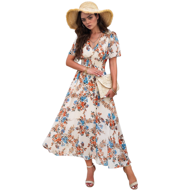 Women'S Summer Wrap Maxi Dress Floral V Neck Short Sleeve Wedding Guest Party Casual L