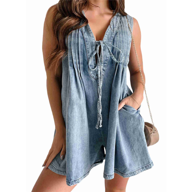 Women'S Sleeveless V Neck Shorts Denim Romper Tie Front Ruffle Jean Short Overall with Pocket Light Blue S