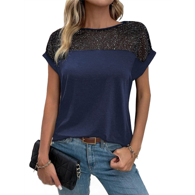 Women'S Round Neck Short Sleeve Lace Hollow Out Going Work Blouse Top Navy Blue M