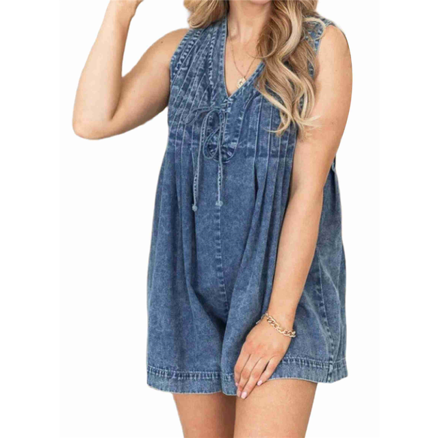 Women'S Sleeveless V Neck Shorts Denim Romper Tie Front Ruffle Jean Short Overall with Pocket Dark Blue XL
