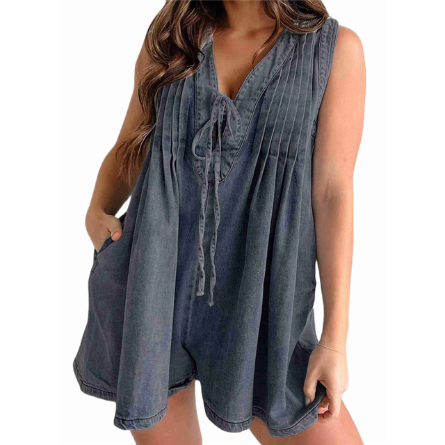 Women'S Sleeveless V Neck Shorts Denim Romper Tie Front Ruffle Jean Short Overall with Pocket Dark Gray S